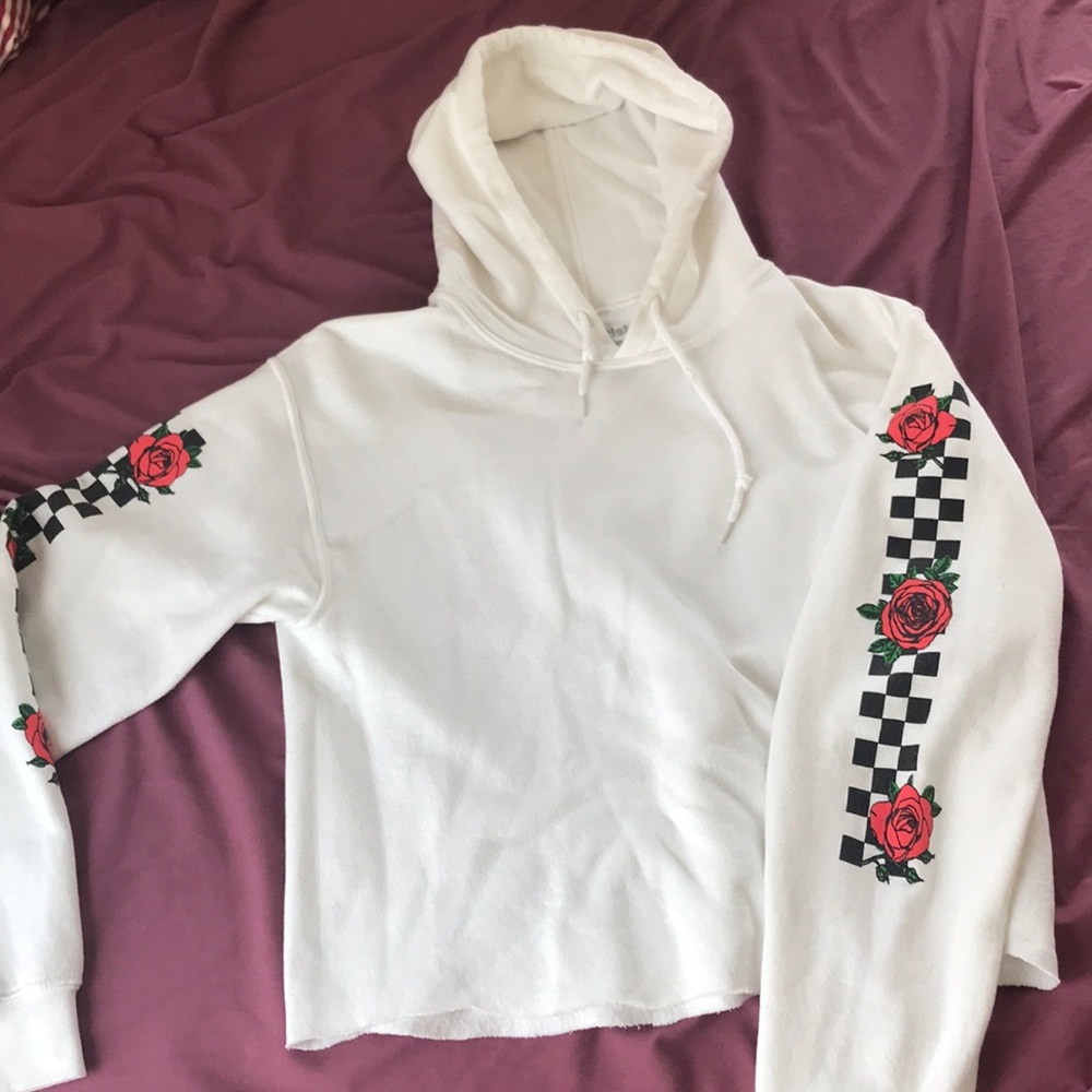 Cropped white hoodie- checkered rose design